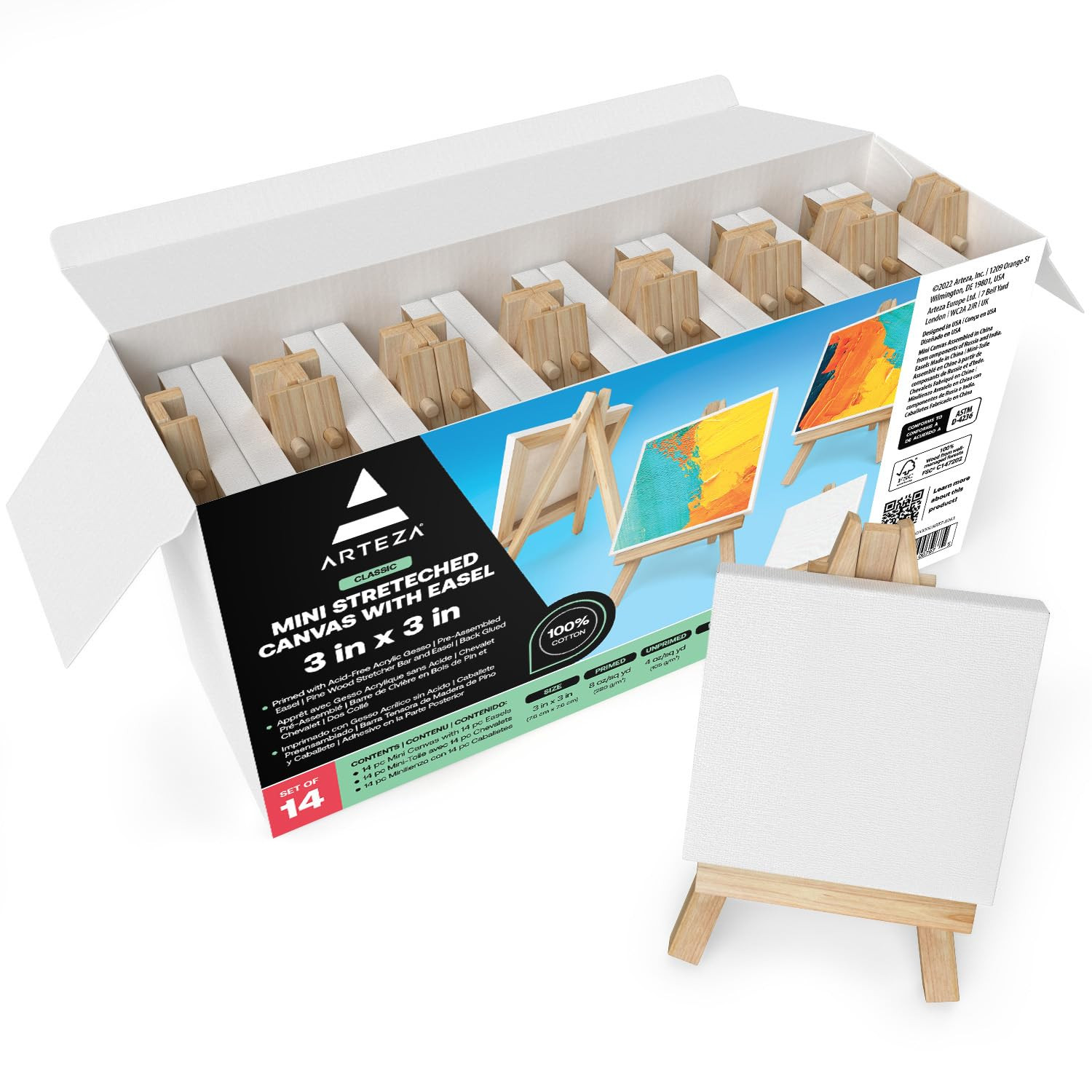 Small Canvases for Painting with Easels, Pack of 14, 3 x 3 Inches, Blank Whit...