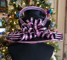 Vintage Donna Vinci Couture Hat Black/ Pink Rhinestone, Ribbon Detail With Box