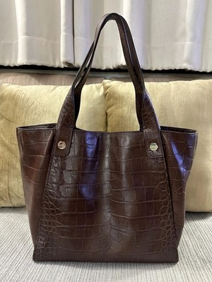 Bruno Magli Bologna Italy Dark Brown Leather in Crocodile Pattern Tote Bag