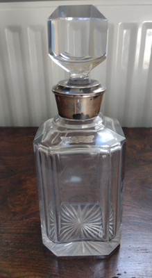 Antique Art Deco Style Square Crystal Whiskey Decanter Sterling Silver Collar