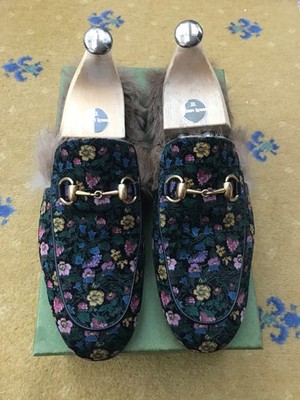 Gucci Schuhe Princetown Slipper Halbschuhe Samt Blumen Fell Herren UK 7 US 8 EU 41