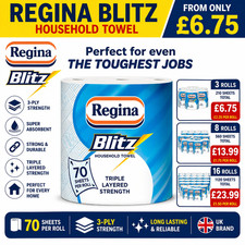 Image of Regina Blitz Household Towel 16 Rolls 3 Ply Strong Kitchen Roll 70 Sheets Each