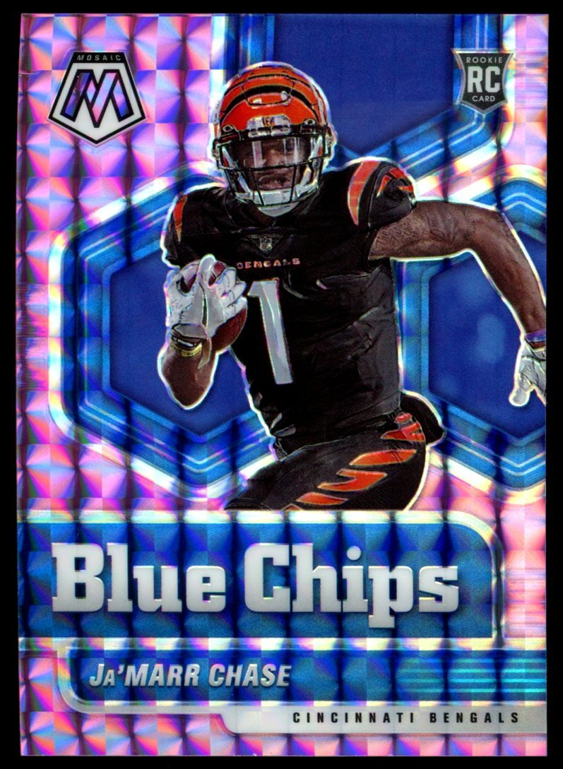 Ja'Marr Chase 2021 Panini Mosaic Blue Chips Purple Prizm Rookie Card 15/49 Mint