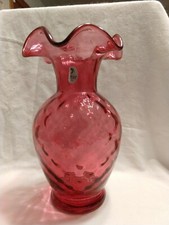 VTG Rare Fenton Art Glass 4758 CC Cranberry Diamond Optic Vase 8.5" tall;NWOB