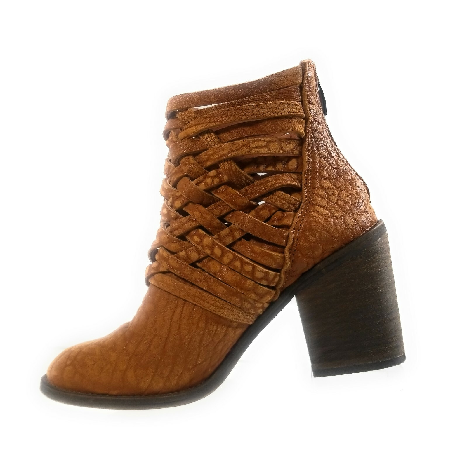 Free People Women Brown Leather Strappy Booties Woven Heel Ankle Boots Size  38 | eBay
