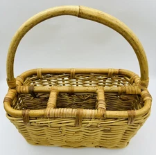Vintage Bamboo Wicker Basket Utensil Caddy Storage Organizer Kitchen Decor 12”