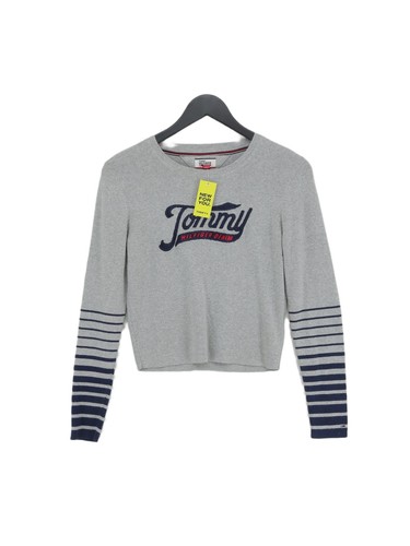 Tommy Hilfiger Women's Jumper M Grey Graphic 100% Cotton Crew Neck Pullover