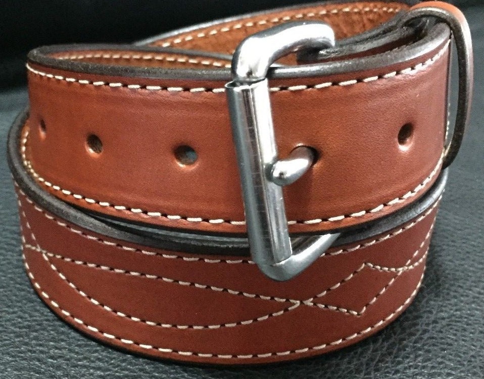11/2"Diamond Stitched Genuine Real Leather Dress Gun Belt Strap Buckle