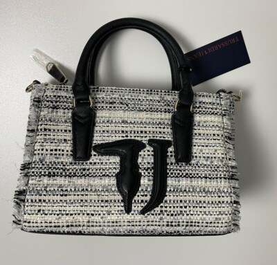 TRUSSARDI-Tasche, Schwarz/Weiß, Bouclé Optik, Logo, Staubbeutel, Neu mit Etikett