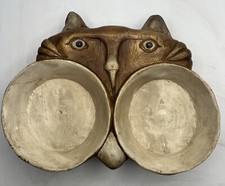 Carved Wood Cat Double Food Water Bowl Trinket Dish Rustic Original