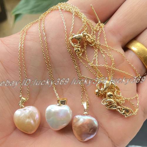 AAA+ Natural Colorful Keshi Baroque Heart Pearl Gold Chain Pendant Necklace 18" - Picture 28 of 28