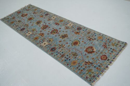 3 x 8 ft Blueish Gray Waziri Afghan Hand knotted Transitional Runner Rug - Picture 2 of 16