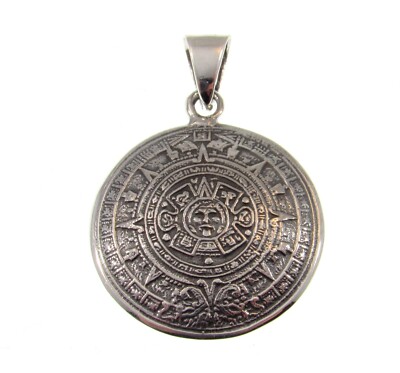 Solid 925 Sterling Silver Ancient Mayan Calendar Aztec Zodiac Wheel Pendant