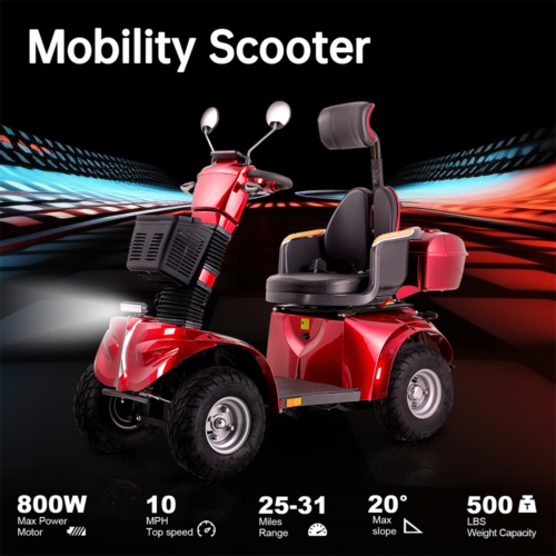 Heavy Duty 4-Wheel Mobility Scooter 31 Miles 3-Speed 800W 500lbs Capacity Red