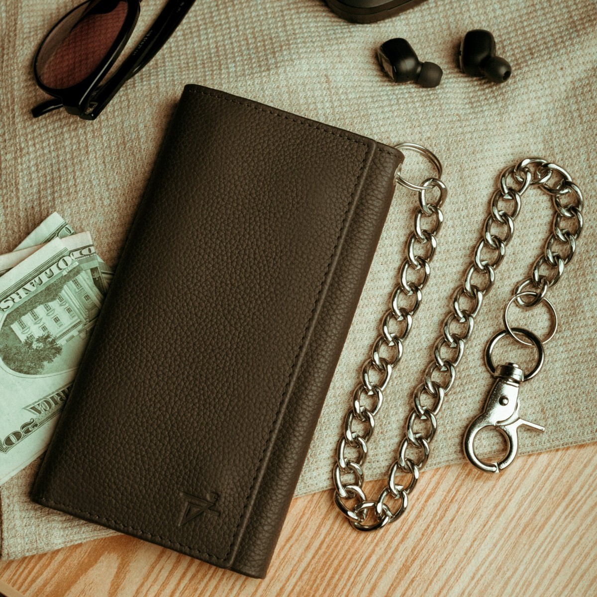 Trifold Wallet Chain Men's Personalised Black Leather Wallet