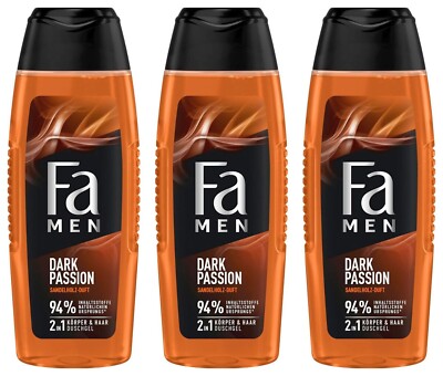  Fa MEN Duschgel Dark Passion 2-in-1 Körper & Haar mit Sandelholz Duft 3x 250ml 