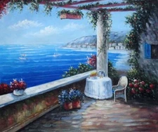 20x24 Charming Mediterranean Patio With Table Chair and Amazing Sea View Oil
