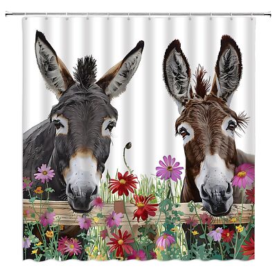 Funny Donkey Shower Curtain Rustic Farmhouse Daisy Floral Wildflower Vintage ...