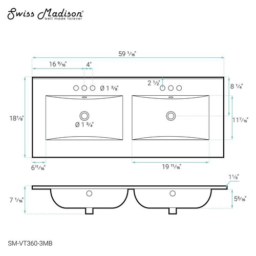 60" Vanity Top Bathroom Sink in Matte Black with 3 Holes - Picture 2 of 8