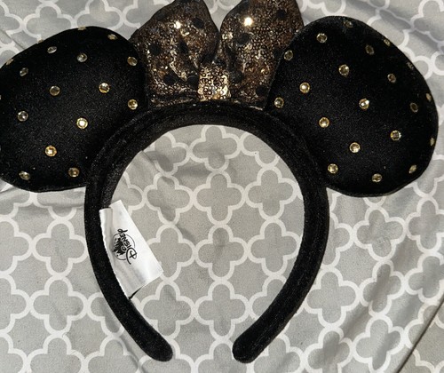 Disney Parks Minnie Mouse 2021 Black Jeweled Studded Gold Bow Ear Headband - Picture 5 of 5