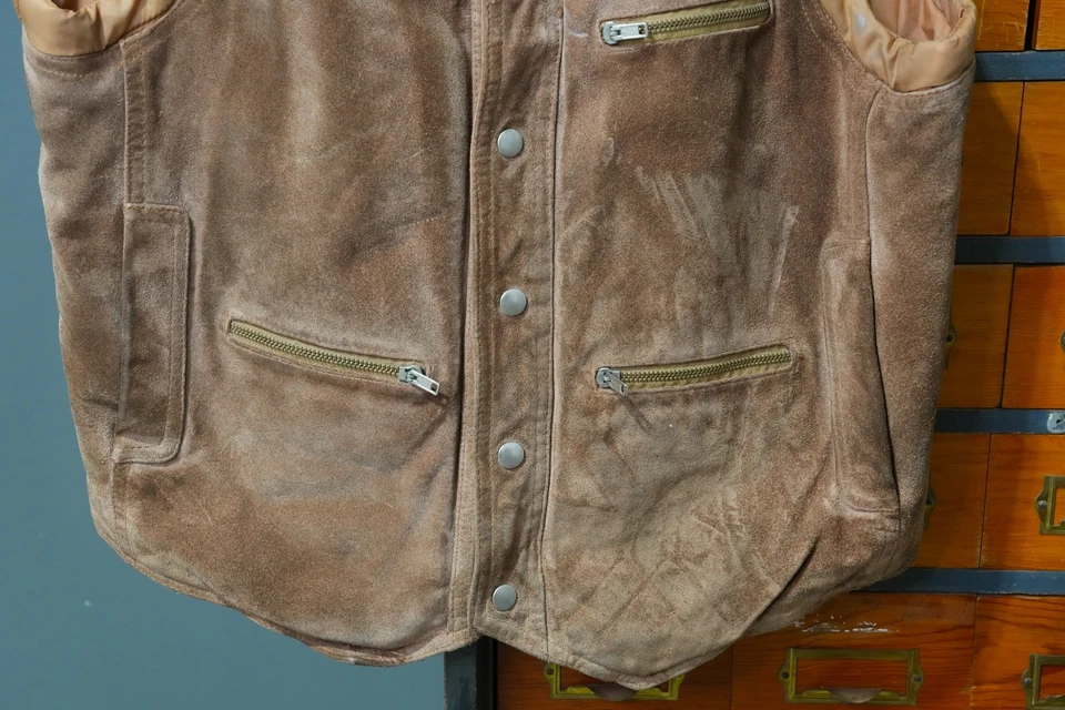 Jaqueta colete de caça vintage Berman's couro marrom camurça zíper completo tamanho 46 RARA - Imagem 4 de 4