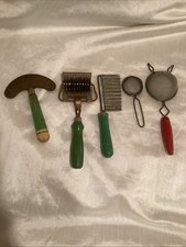 Lot Of 5 Red  Green Kitchen Utensils Wooden Handles Classic Steel