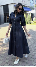 Zara Navy Blue Puff Poplin Dress Size M REF 2583/337/401
