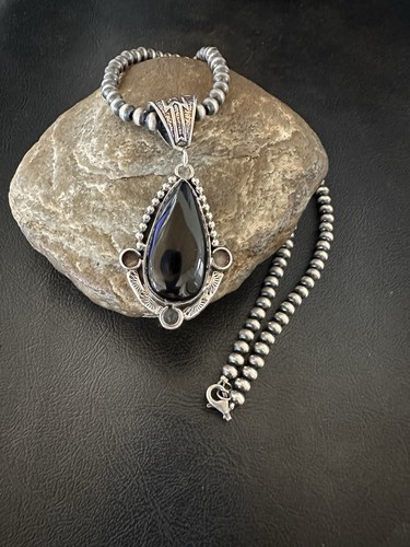 Black Onyx Pendant Navajo Pearls Sterling Silver Necklace 19385 - Picture 8 of 12