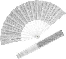 Glitter Folding Hand Fans 9" Silver, Clack Line Dancing Wedding Party