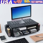 2-Tier Computer Monitor Stand, Desk Organizer with Drawer and 2 Pen Holders