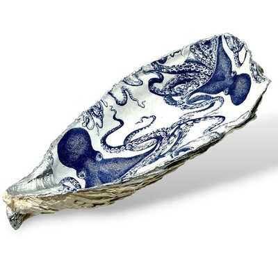 Vintage OCTOPUS OYSTER Shell Trinket Dish Bowl Blue White Artisan Decoupaged