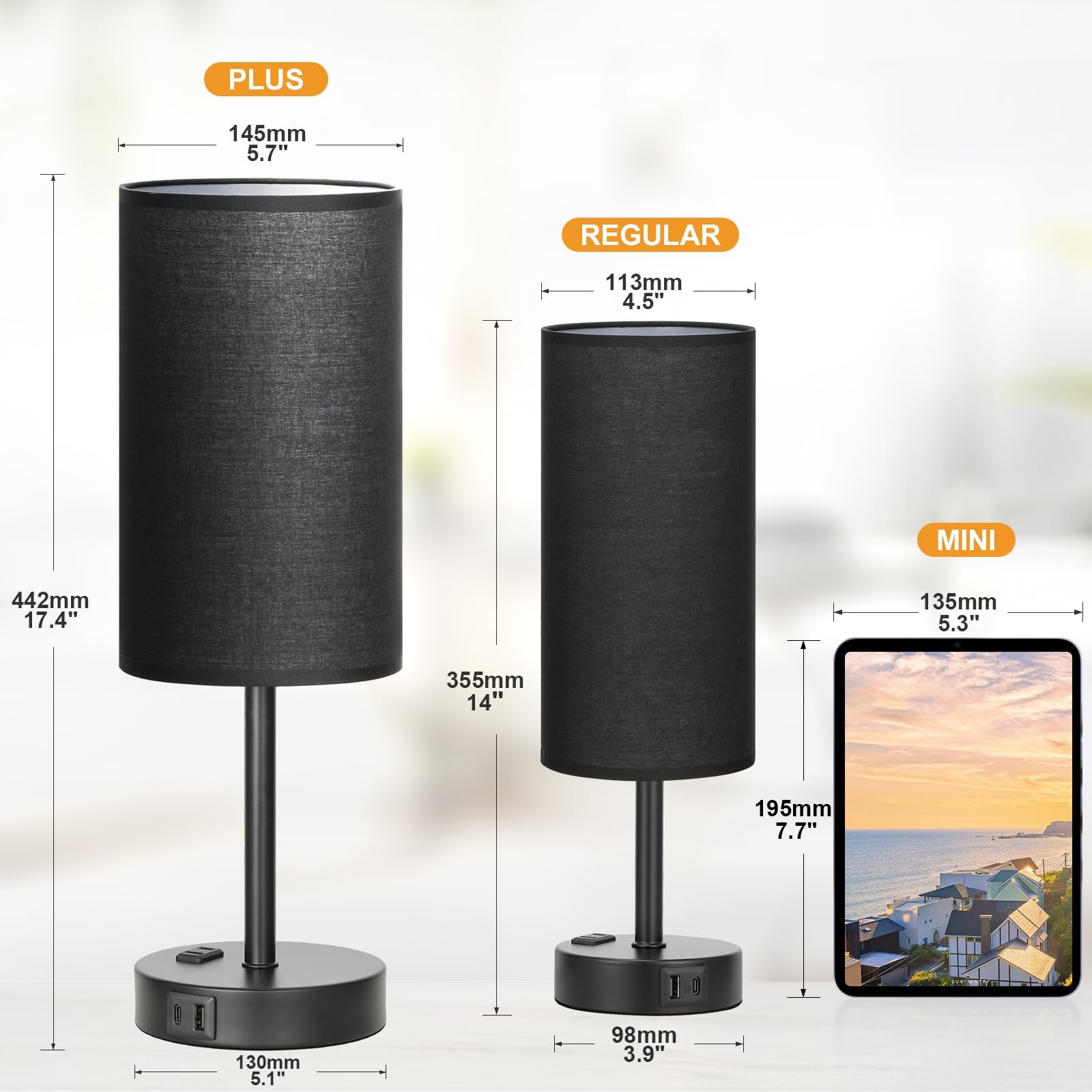 Touch Nightstand Lamp - Black, 3-Way Dimmable, USB A + C Charging, AC Outlet,...