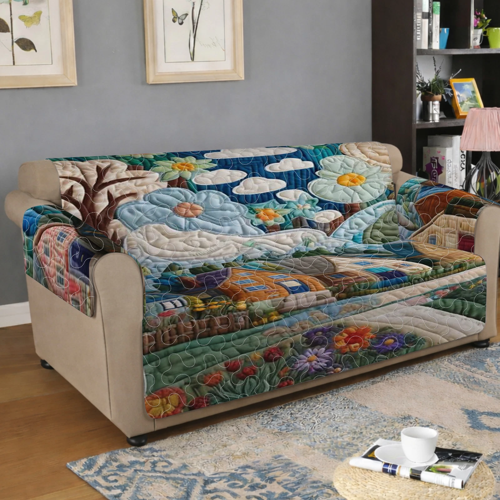 Quilted Sofa Cover Colorful Village Landscape Whimsical Floral Couch 032288