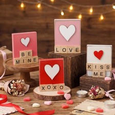 4 Pcs Valentine's Day Wooden Decoration Farmhouse Love Heart Blocks Table Sig...