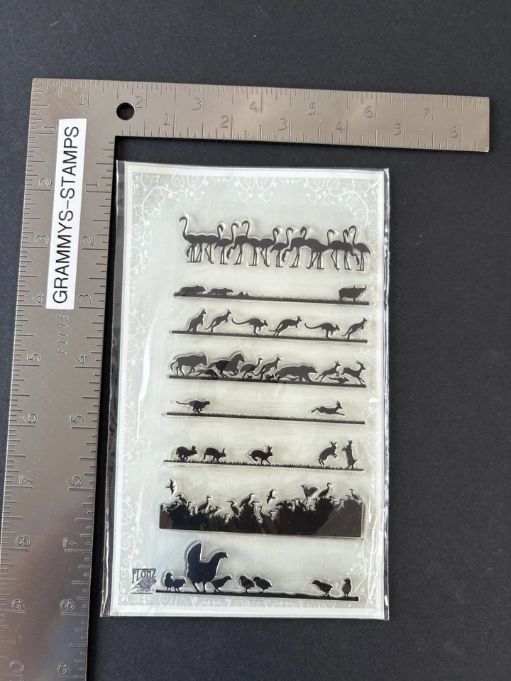 Juego de sellos transparentes sin montar Flonz filas de animales flamenco rinoceronte canguro pollo Foto 2 de 3