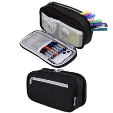 Large Pencil Case 3 Compartments Pen Marker Holder Stationery Organizer Black