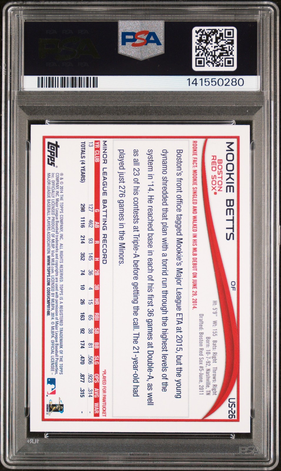2014 TOPPS UPDATE SMILING IN DUGOUT #US26 MOOKIE BETTS ROOKIE RC PSA 8 view 2