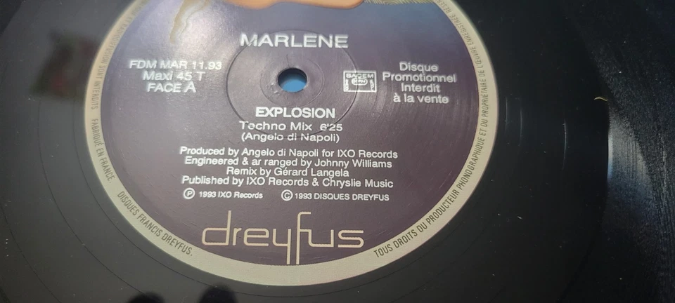 Disque Maxi 45 Tours Vinyle 12'' Promotionnel Marlène Explosion 1993 techno danc - Photo 3/4