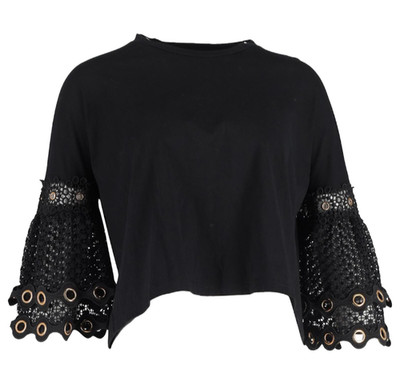 Maje Cropped Cotton Bell Sleeve T Shirt Size S Grommet Lace Tya Top Black Gold