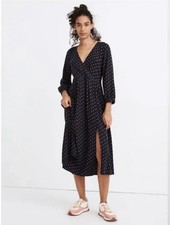 Madewell Polka Dot Midi Dress Black V Neck Long Sleeve Slit Front Casual | NWOT 