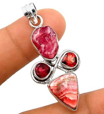Natürlicher rosa Rhodochrosit & Turmalin 925 Sterling Silber Anhänger @B16-3