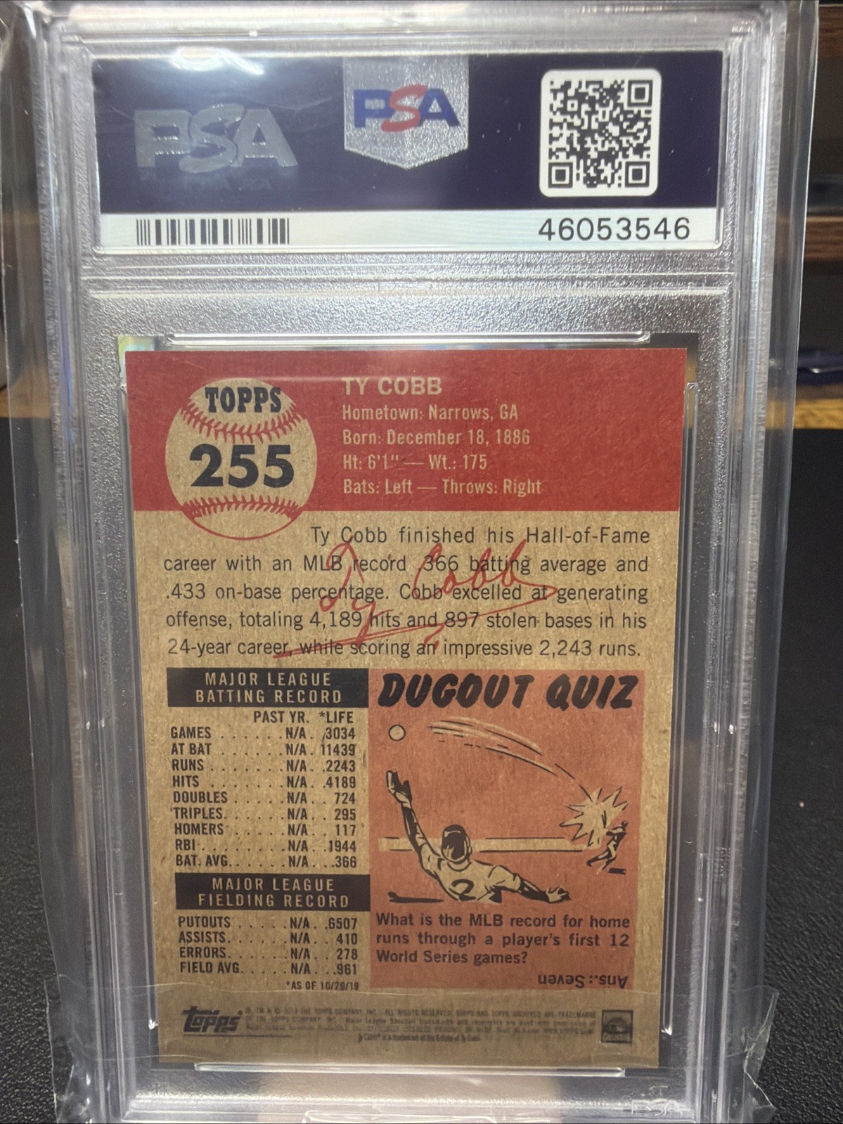 2019 Topps Living Set Online Exclusive /3691 Ty Cobb #255 PSA 9 HOF A2 view 2