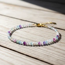 3mm Rainbow Fluorite Beaded Bracelet Dainty Minimalist Healing Crystal Jewelry