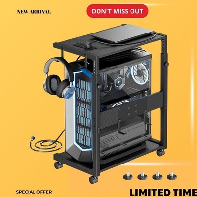 NEW Adjustable PC Tower Stand CPU Holder Cart with Charging Station Black 