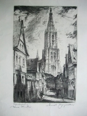 Ernst Zipperer (1888-1982): Blick auf das Ulmer Münster (Radierung, signiert)