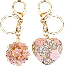 Flowers Keychain and Rose Flower Crystal Keyring, Purse Charms 2 Pieces Keych...