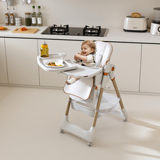 Adjustable Baby High Chair 0-6 Years, Portable Feeding Seat, Wheels, White