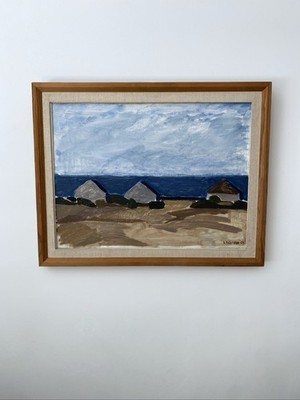 Vintage Mid Century Schwedische Küste Küste Landschaft Szene Still Strand Häuser 