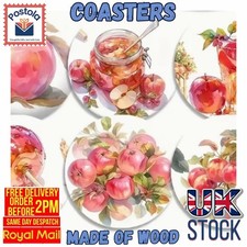 Apple Wooden Coasters Set of 6 Round Drinks Mats