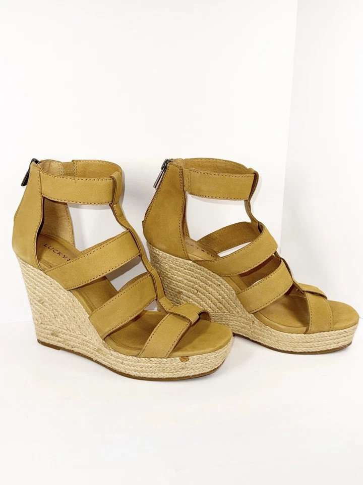 Lucky Brand Strappy Wedge Espadrille Platform Boho Tan Leather Gladiator 8/38 - Image 3 of 4